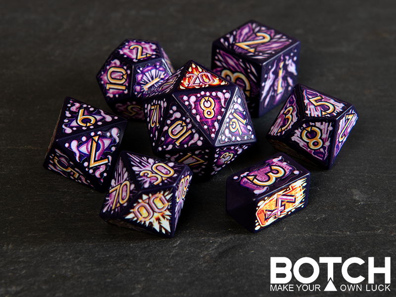 Graphics are arcane spellcaster themed with energy beam backgrounds. Base color of plastic is dark purple. Numbers are a gold.