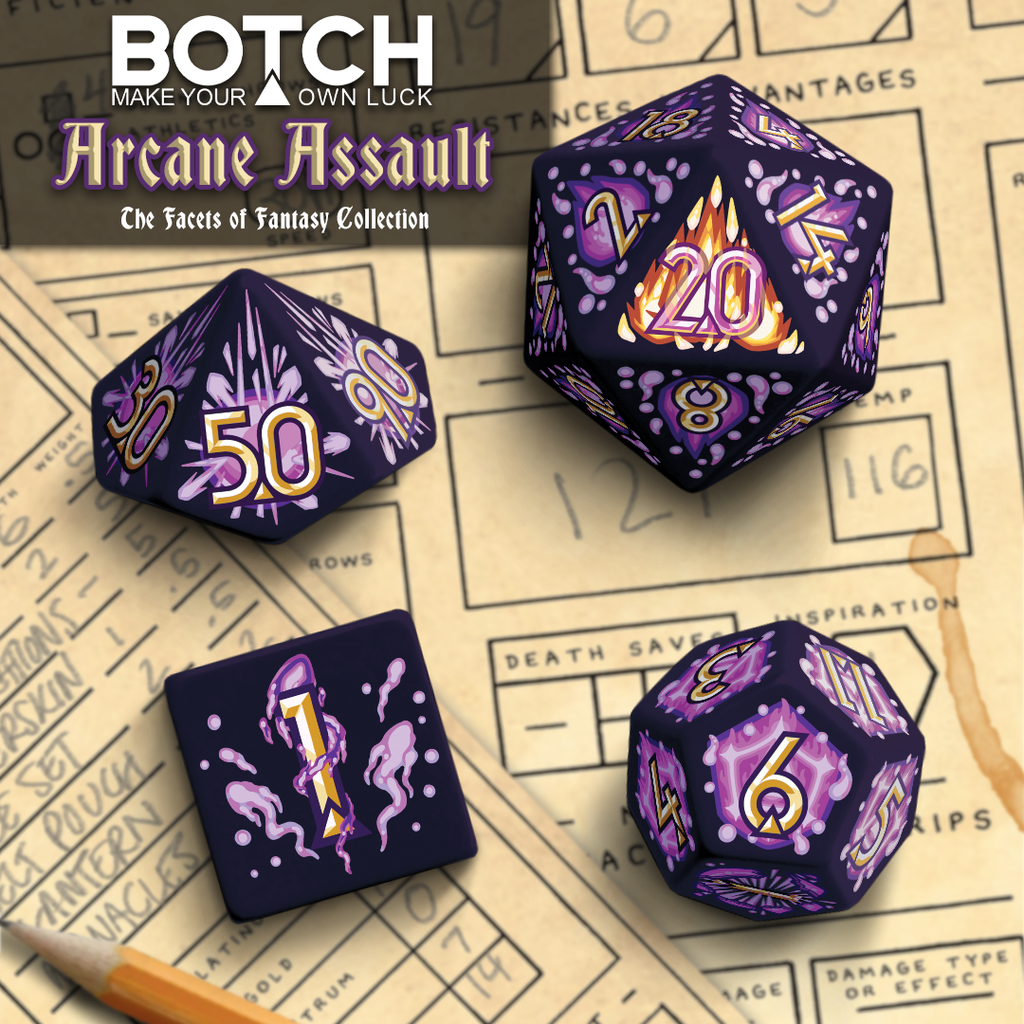 Graphics are arcane spellcaster themed with energy beam backgrounds. Base color of plastic is dark purple. Numbers are a gold. These were the renders from kickstarter. 