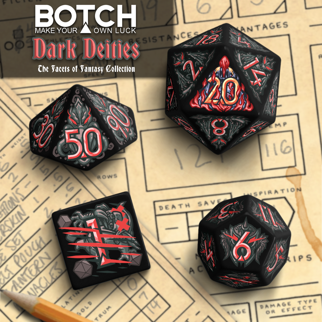 Graphics are monster themed on a black color base dice with red text. These are a render from our kickstarter. 