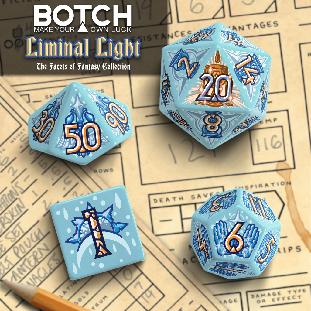 Graphics are cleric themed with geometric glowing backgrounds. Base color of plastic is light blue. Numbers are a gold. These are the renders of Liminal Light from the kickstarter. 