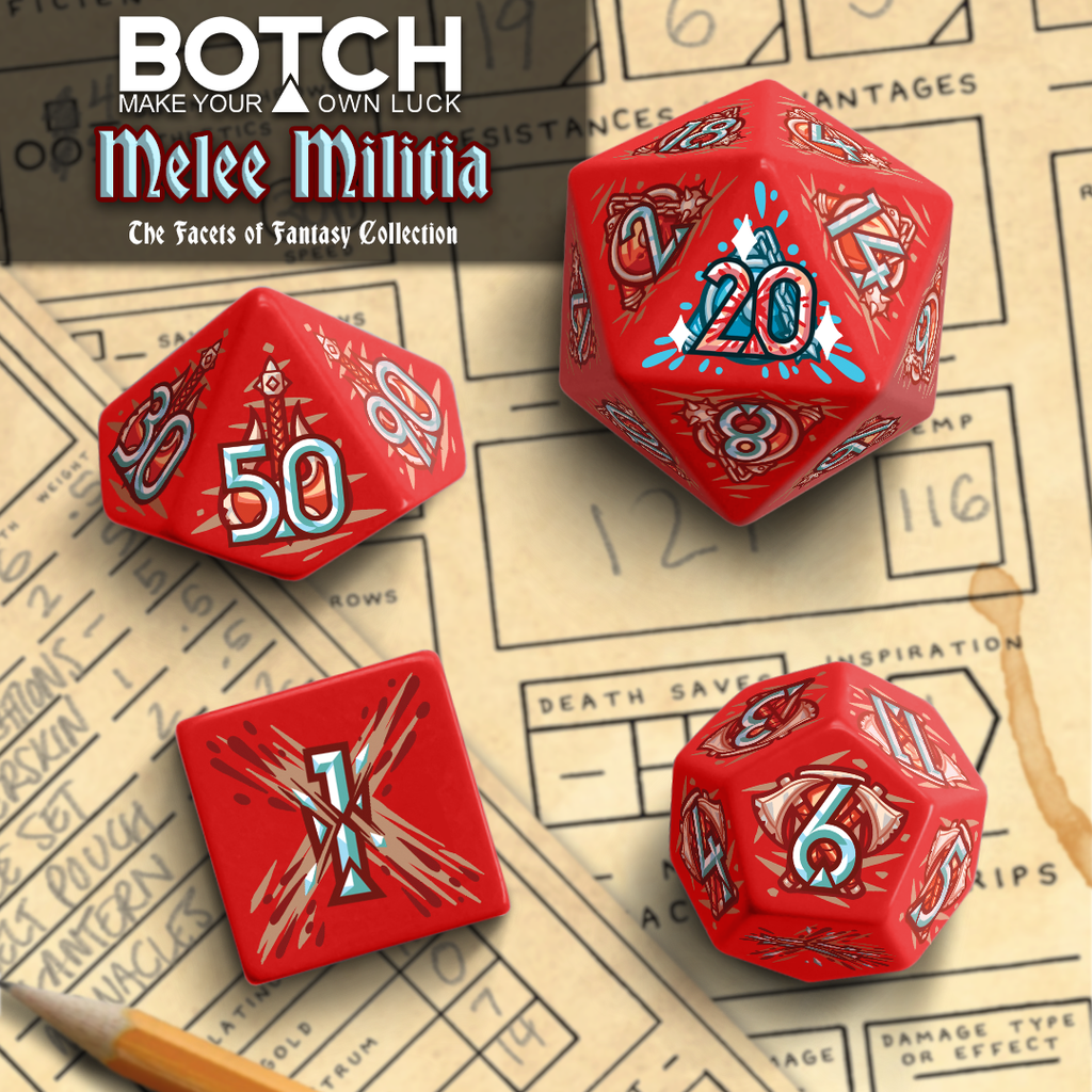 Graphics are classic warrior weapons with slash marks in the background. Base color of plastic is red, numbers are white / light blue.  This image is the render we used in the kickstarter. I thought it looked neat so I included it here. 