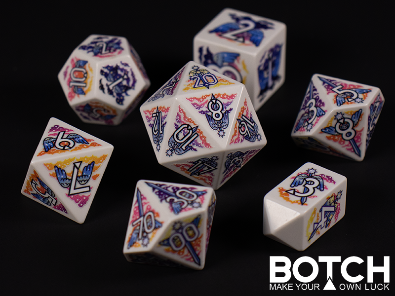 Celestial dawn dice set, winged swords with a holy motif, the background of the images are clouds that get brighter as the number goes up, like the sun is rising. The graphics are on white base color for the dice with dark blue / black outlined white numbers on the dice. 
