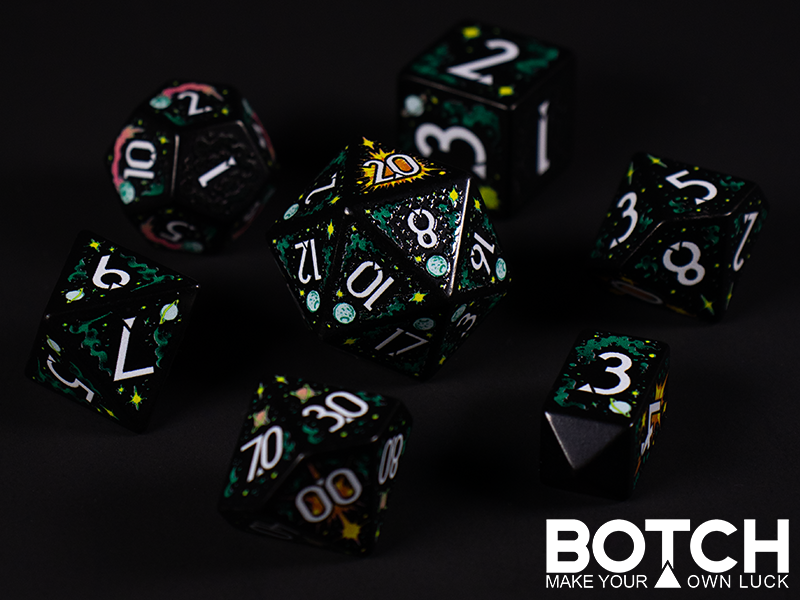 Black base color dice featuring graphics  of celestial symbols, from radiant stars to distant planets. White numbers. 