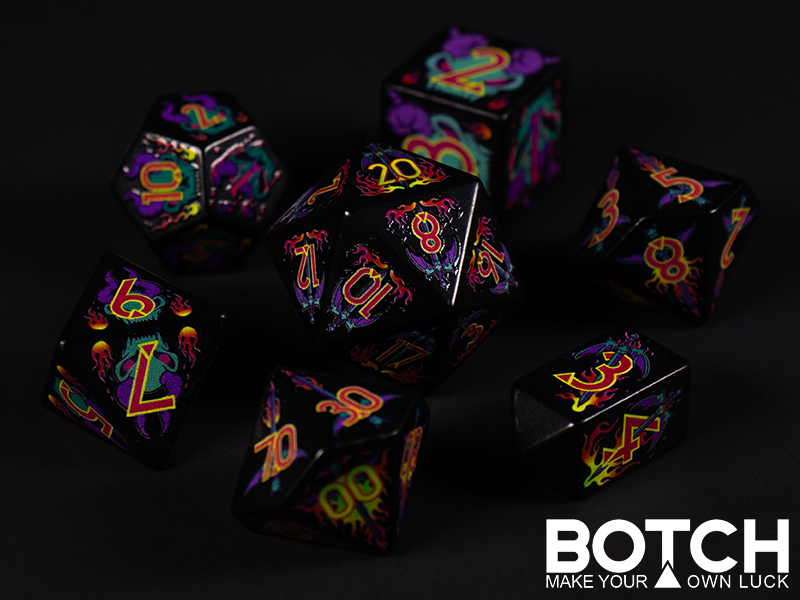 Heavy metal / light hearted infernal imagery on black dice with red numbers outlined in yellow. Winged swords, flames, and gumpy horned skulls. 