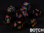 Heavy metal / light hearted infernal imagery on black dice with red numbers outlined in yellow. Winged swords, flames, and gumpy horned skulls. 