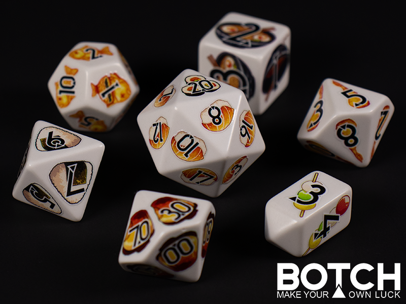 Featuring beautifully illustrated anime-style renditions of iconic Japanese foods: sushi, ramen, purin, and more. White base color dice with black numbers. 
