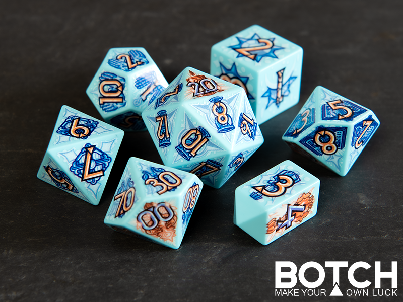 Graphics are cleric themed with geometric glowing backgrounds. Base color of plastic is light blue. Numbers are a gold. 