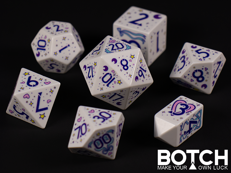 Magic girl themed dice set, with little hearts, stars, moons and ribbons. White for the base plastic and dark blue for the numbers. 