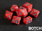 Graphics are classic warrior weapons with slash marks in the background. Base color of plastic is red, numbers are white / light blue.  