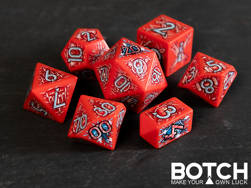 Graphics are classic warrior weapons with slash marks in the background. Base color of plastic is red, numbers are white / light blue.  