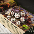 Set of ornate polyhedral dice with a Pathfinder design on an open Pathfinder book. The base color of the dice are white, the numbers are beige with dark outline.