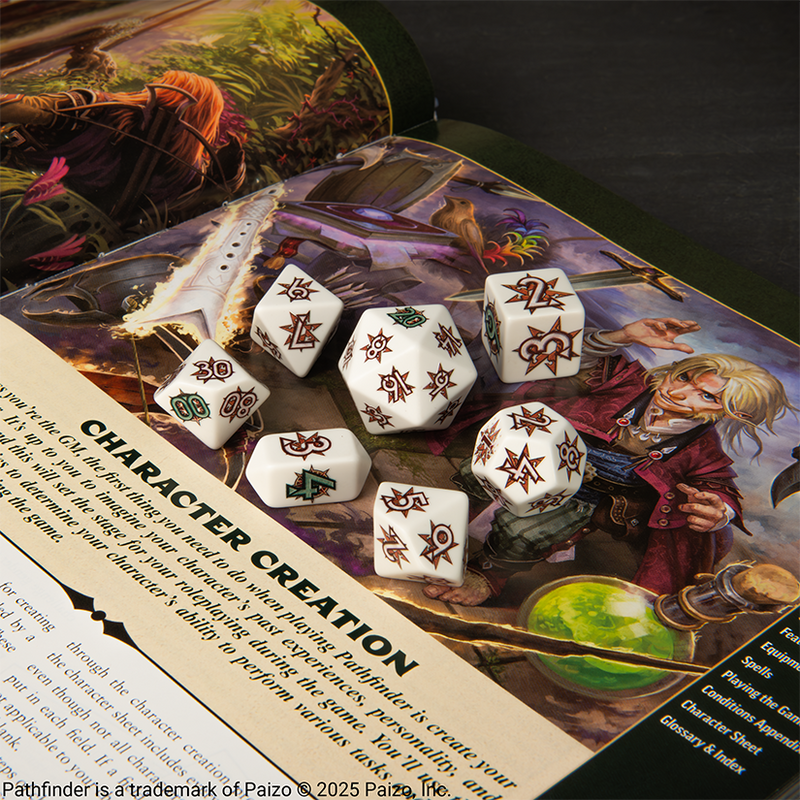 Set of ornate polyhedral dice with a Pathfinder design on an open Pathfinder book. The base color of the dice are white, the numbers are beige with dark outline.