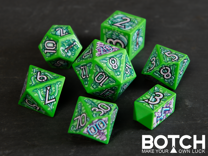 Green polyhedral dice set, classic thief / rogue motif InkFX graphics. They sit on a dark background with 'BOTCH' branding logo in corner. 