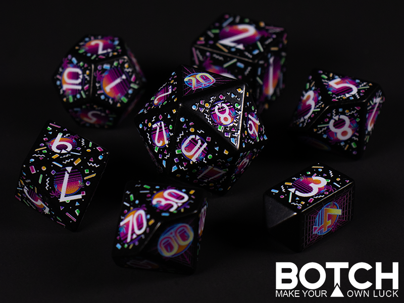 Black base color dice with white numbers. Aesthetics of outrun and vaporwave, blending neon hues and Memphis style patterns. Easily the best set for folks who love neon soaked 80's style. 