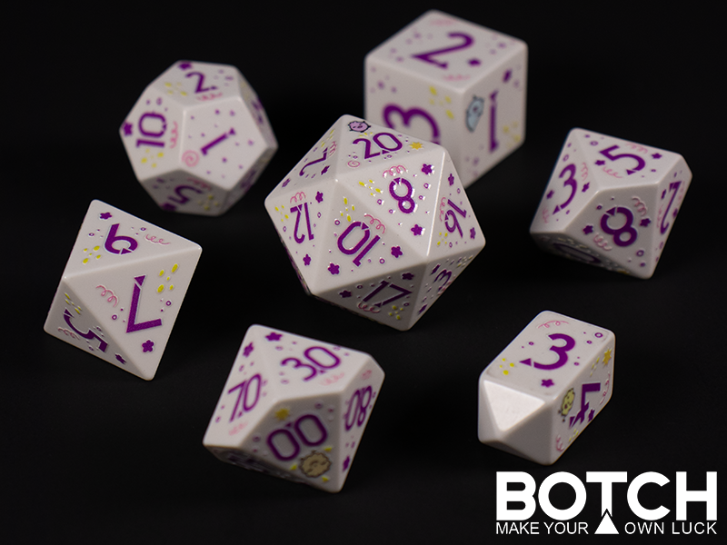 White base color dice with purple graphics and numbers. There are also squiggles, little flowers and cute little floof dudes on the dice. They are adorable. 